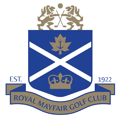 Coat of arms for Royal Mayfair Golf Club with a blue shield, white cross, and gold maple leaf and crown.